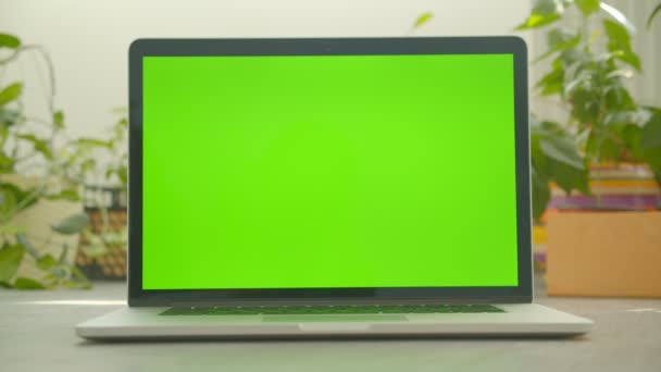 Disparo de primer plano de la computadora portátil con pantalla de croma verde puesta en la mesa en la oficina en el interior con plantas en el fondo — Vídeos de Stock