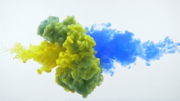 Tiro de close-up de tinta aquarela amarela e azul salpicando juntos transformando-se em verde — Vídeo de Stock