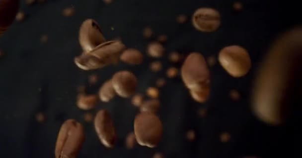 Closeup macro shoot of gourmet coffee beans being dropped with background isolated on black — Stock Video