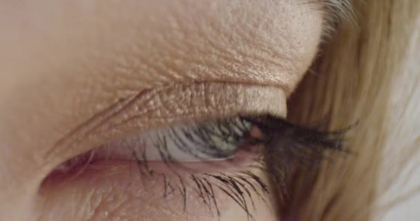 Closeup shoot of pretty caucasian female face with eyes blinking looking at camera with smiling facial expression — Stock Video