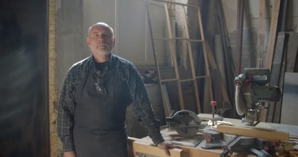 Старший сіро-волохатий тесля з бородою, що стоїть на дерев'яному виробництві з схрещеними руками посміхаючись позитивно в камеру . — стокове відео