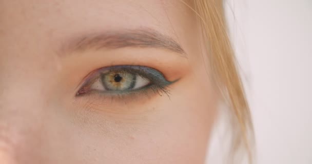 Closeup half face portrait of young pretty caucasian female face with eye looking at camera — Stock Video