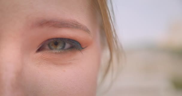 Zbliżenie połowa twarz portret młodego uwodzicielski kaukaski kobiece twarz z oko patrząc na aparat z uśmiechem wyrazu na zewnątrz — Wideo stockowe