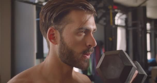 Gros plan portrait de torse nu musclé homme caucasien barbu travailler avec haltères avec effort debout dans la salle de gym à l'intérieur — Video