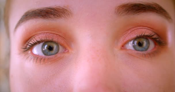 Closeup portrait of young beautiful female face looking at camera in apartment indoors — Stock Video