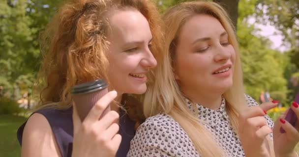 屋外の公園で毛布の上に座って陽気に微笑んで携帯電話で自分撮りを取る2人の女性の友人のクローズアップ肖像画 — ストック動画