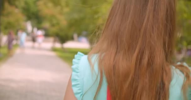 Nahaufnahme Rückseite Porträt der jungen langhaarigen schönen Frau zu Fuß mit ihren Haaren schmeichelhaft im Wind im Park im Freien — Stockvideo
