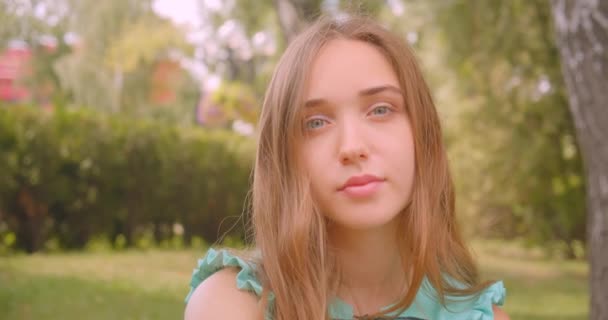 Крупный план прямой портрет молодой длинноволосой красивой женщины, сидящей на траве и счастливо смотрящей в камеру на открытом воздухе — стоковое видео