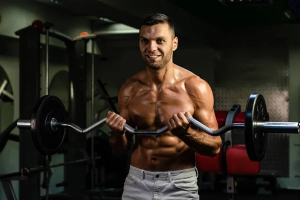 Muscular Bodybuilder Doing Exercise Bars Gym Handsome Sporty Sexy Guy — Stock Photo, Image