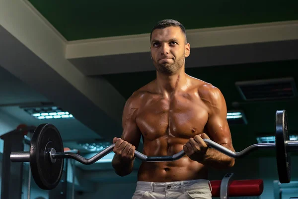 Musclé Bodybuilder Faire Exercice Sur Les Bars Dans Salle Gym — Photo