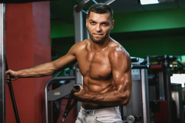 Muscular Bodybuilder Doing Exercise Bars Gym Handsome Sporty Sexy Guy — Stock Photo, Image