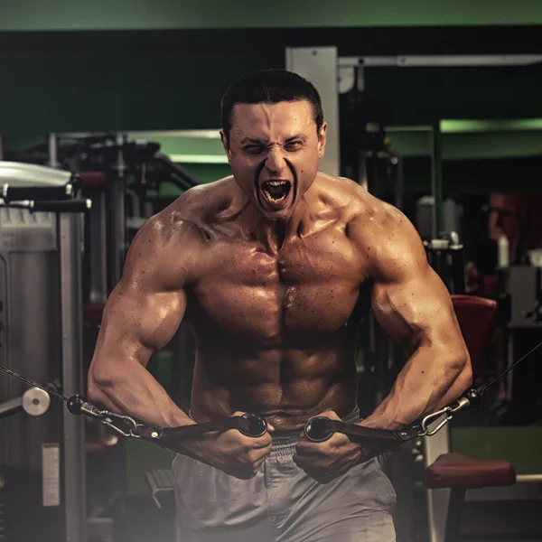 Musclé Bodybuilder Faire Exercice Sur Les Bars Dans Salle Gym — Photo