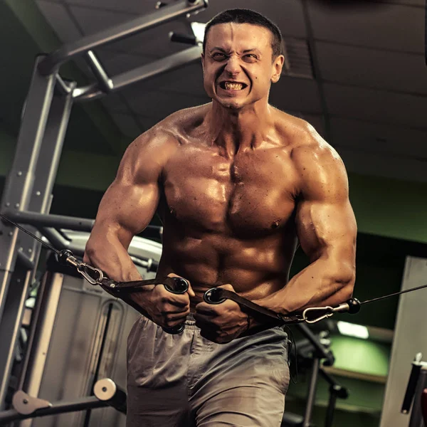 Muscular Bodybuilder Doing Exercise Bars Gym Handsome Sporty Sexy Guy — Stock Photo, Image