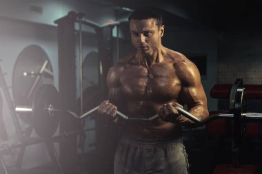 Spor salonundaki parmaklıklar üzerinde egzersiz yapan kaslı vücut geliştirici. Spor salonunda karın kası eğitimi almış yakışıklı, sportif ve seksi bir adam. fitness, vücut geliştirme, beslenme, sağlıklı yaşam tarzı