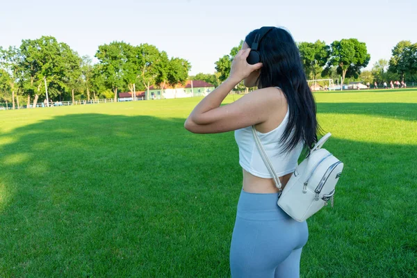 Fit Woman Listening Music Stadium Shape Girl Nice Figure Football — Stock Photo, Image