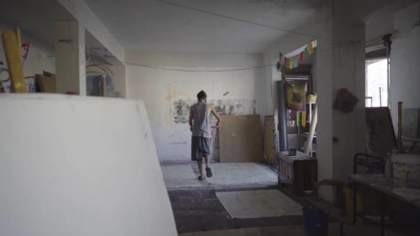 Contemporary Artist Working His Studio Slow Motion — Stock Video