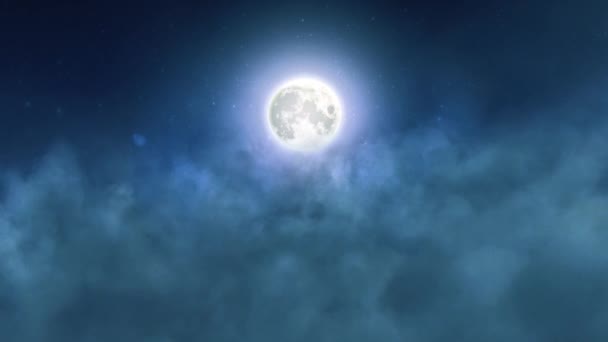 Voler vers l'avant au-dessus des nuages une nuit avec la pleine lune 