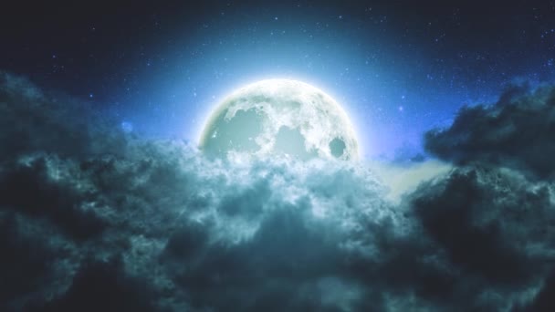 Voler vers l'avant au-dessus des nuages une nuit avec la pleine lune 