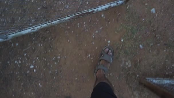 Subjectieve Shot Van Voeten Van Een Man Met Sandalen Lopen — Stockvideo