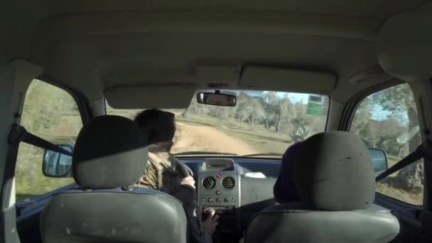 Couple Interior Car Driving Dirt Road Countryside — Stock Video
