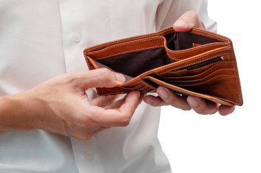 Boş cüzdanını izole beyaz arka plan üzerinde olan adam.