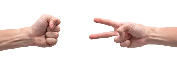 Чоловічі Руки Граючи Рок Паперові Ножиці Рок Перемога Над Ножицями — стокове фото