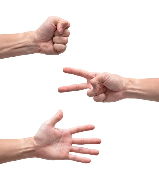 Mãos Masculinas Jogando Tesouras Papel Rocha Todos Sinais Tesouras Papel — Fotografia de Stock