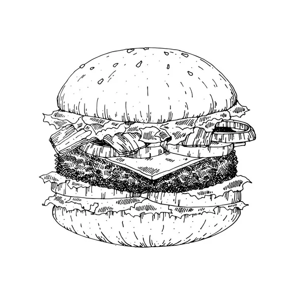 一块美味的汉堡包 复古看手画风格汉堡包在孤立的白色背景 — 图库矢量图片