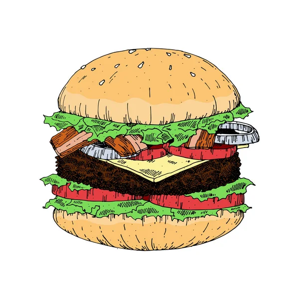 Een Stuk Van Yummy Hamburger Vintage Look Hand Tekenen Stijl — Stockvector