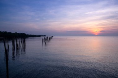 Eski antika bambu dalga koruma duvarı sabah gündoğumu denizde.