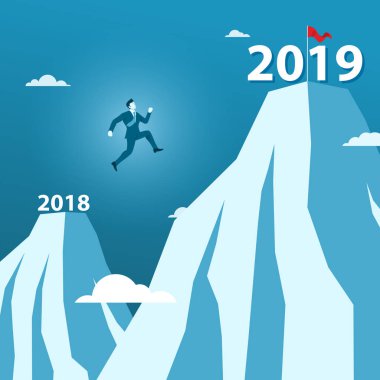 İşadamı atlama büyük boşluğu Hill, mutlu yeni yıl 2019 kavramı veya 2019 hedefe dağ tepesinde 2018 ve 2019 yılları arasında.