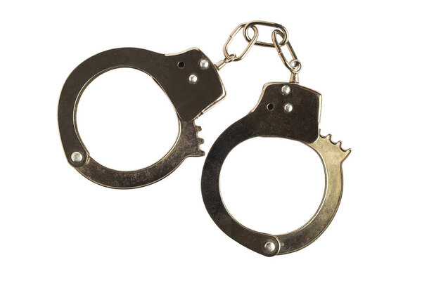 Подержанные металлические наручники iSolated на белом фоне
.