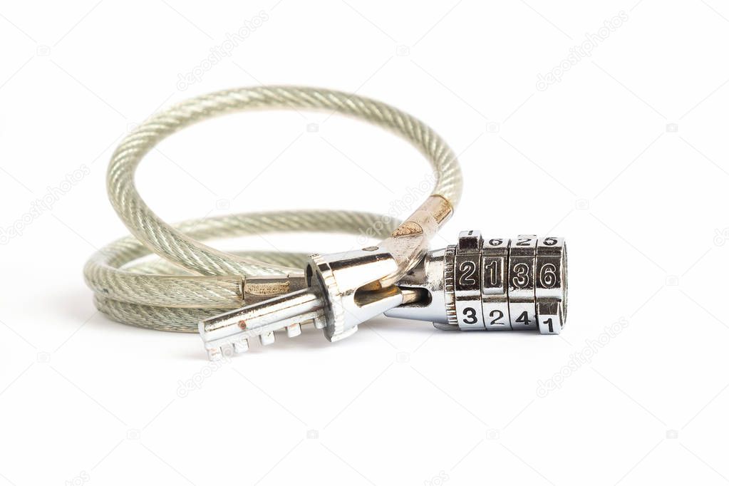 Stainless Cable Sling Security Lock with Password Code on iSolated White Background.