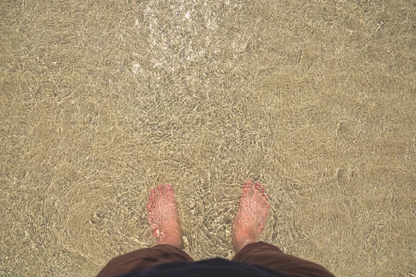 Αρσενικό στέκεται στα πεντακάθαρα νερά της θάλασσας την ηλιόλουστη μέρα — Φωτογραφία Αρχείου