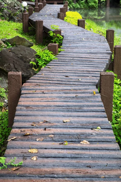 Cesta po dřevěné procházce nad zelenou zahradou a řekou — Stock fotografie