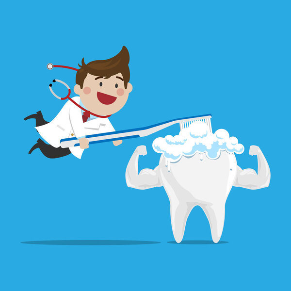 Cute cartoon Happy Male Doctor Brushing the Strong Tooth on iSolated Background, Flat Cartoon Style Character.