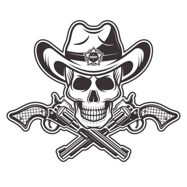 Şerif kafatası iki çapraz silahlı kovboy şapkalı