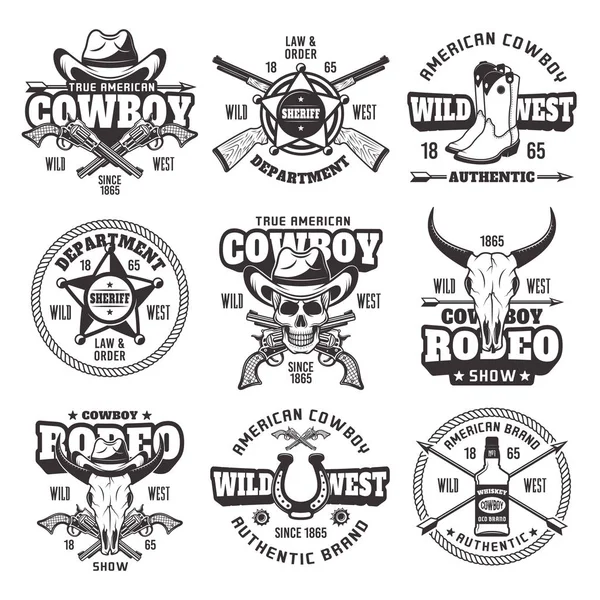Divoký západ a kovbojové vektorové vintage emblémy — Stockový vektor