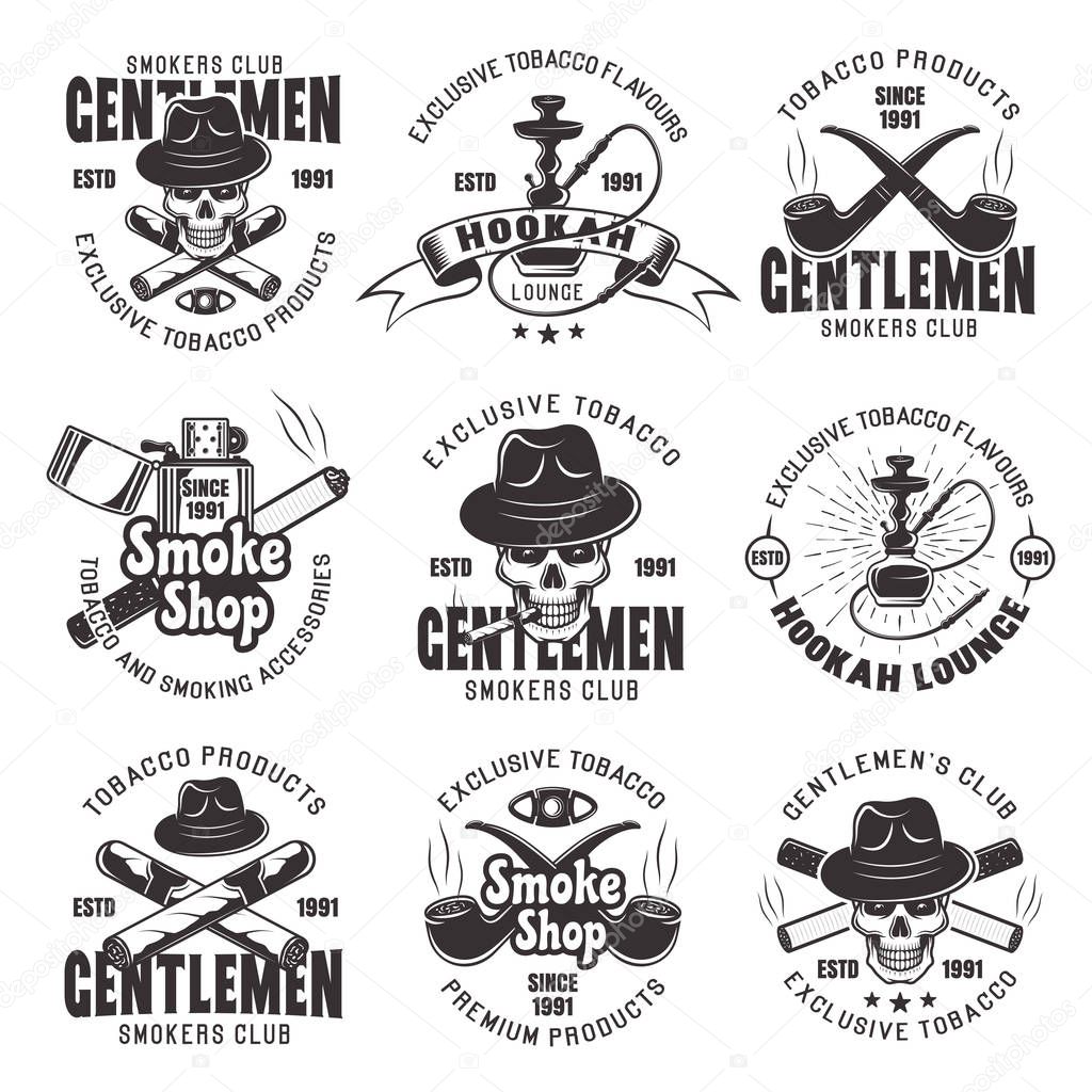 Smoking club, smoke shop and tobacco products set of nine vector emblems, labels, badges, logos in monochrome style isolated on white background