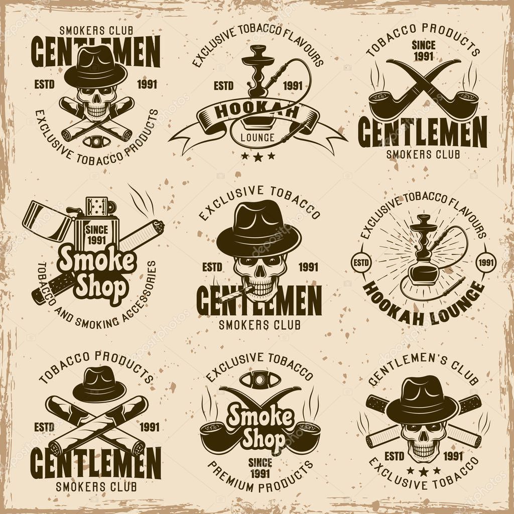 Smoking gentlemen club, smoke shop and tobacco products set of vector emblems, labels, badges, logos in vintage style on dirty background with stains and grunge textures