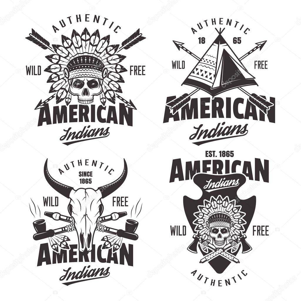 American indians set of four vintage emblems, labels and logos in monochrome style isolated on white background