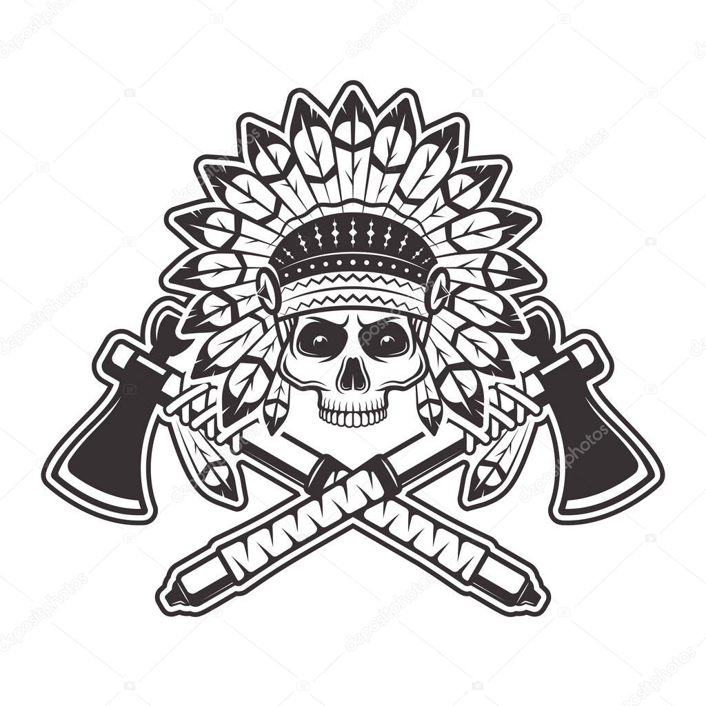 Indian chief skull front view in headdress with feathers and two crossed tomahawks or hatchets vector illustration in monochrome vintage style isolated on white background