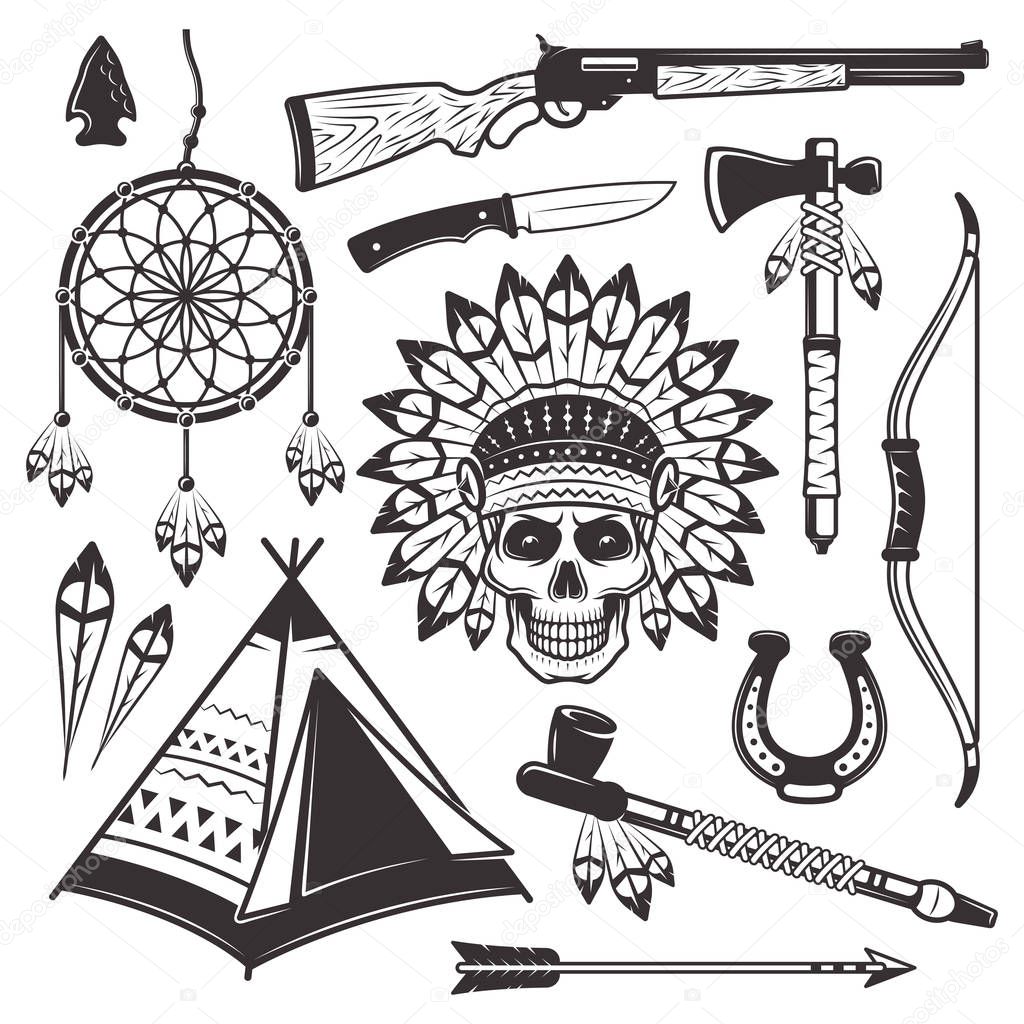 Native american indian set of vector objects and graphic elements in monochrome vintage style for your custom emblem, label, logo design isolated on white background