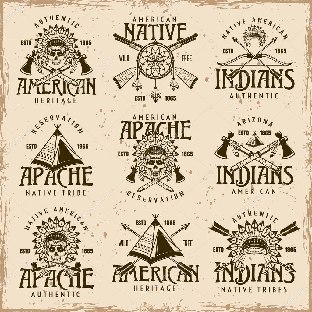 Native american indians, apache tribe set of vector brown emblems, labels, badges and logos in vintage style on dirty background with stains and grunge textures
