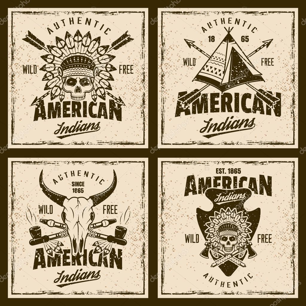 American indians colored emblems or t-shirt prints on background with grunge textures and frame vector illustration