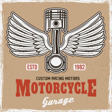 Kanatlar ve arka planda grunge doku ve çerçeve vektör çizim ile izole başlık metin VINTAGE renkli poster, piston 