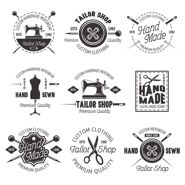 Tailor shop vector negro emblemas, etiquetas, insignias — Vector de stock