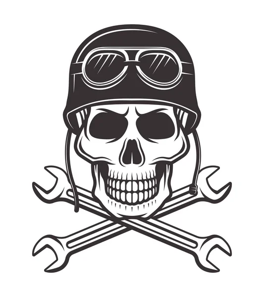 Skull in motorcycle helmet with crossed wrenches — Stock Vector