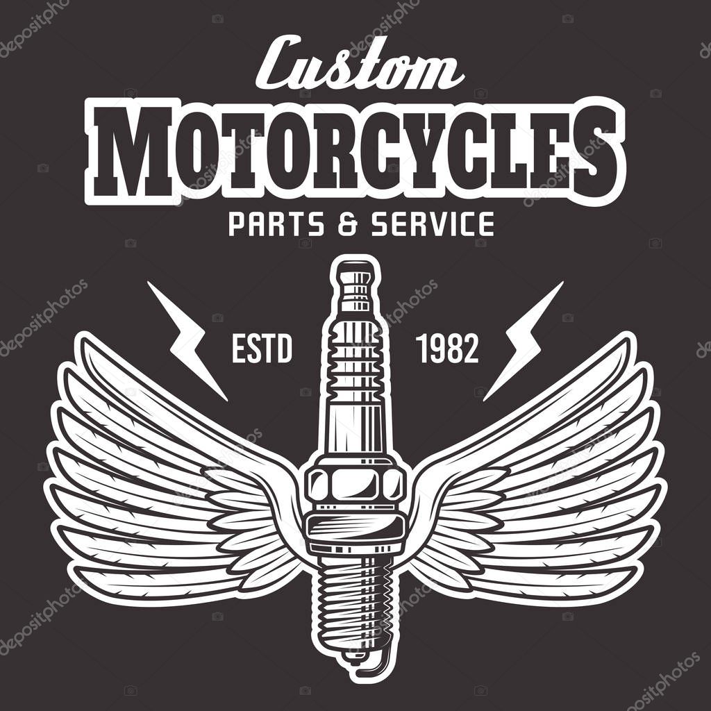 Spark plug with wings and sample text vector illustration on dark background. Motorcycle repair service vintage emblem