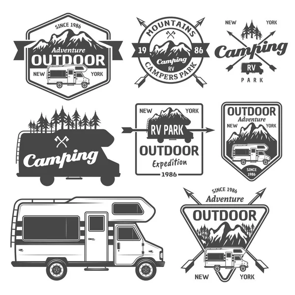 RV camping, outdoor recreation vector emblems